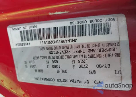 1991 Mazda Mx-5 Miata из США, поврежденный, VIN JM1NA3515M0201811